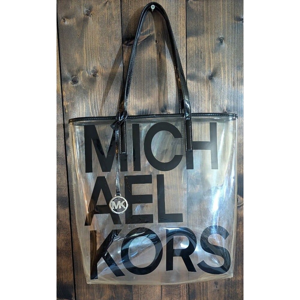 Michael Kors Clear Logo Tote Bag Stadium Approved Beach Shoulder Bag Black PVC